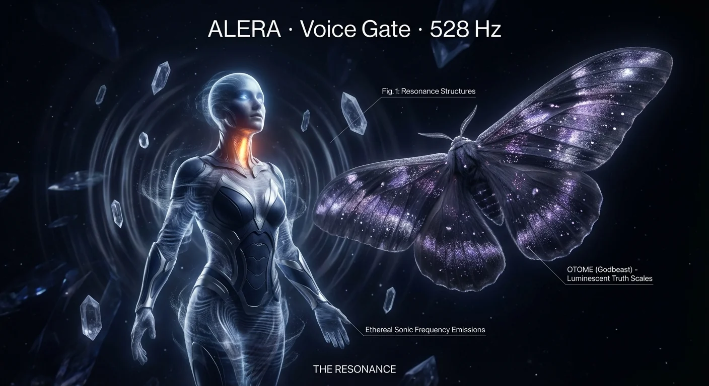 Alera in divine bond with Otome, sonic deity beside a colossal whale of deep song