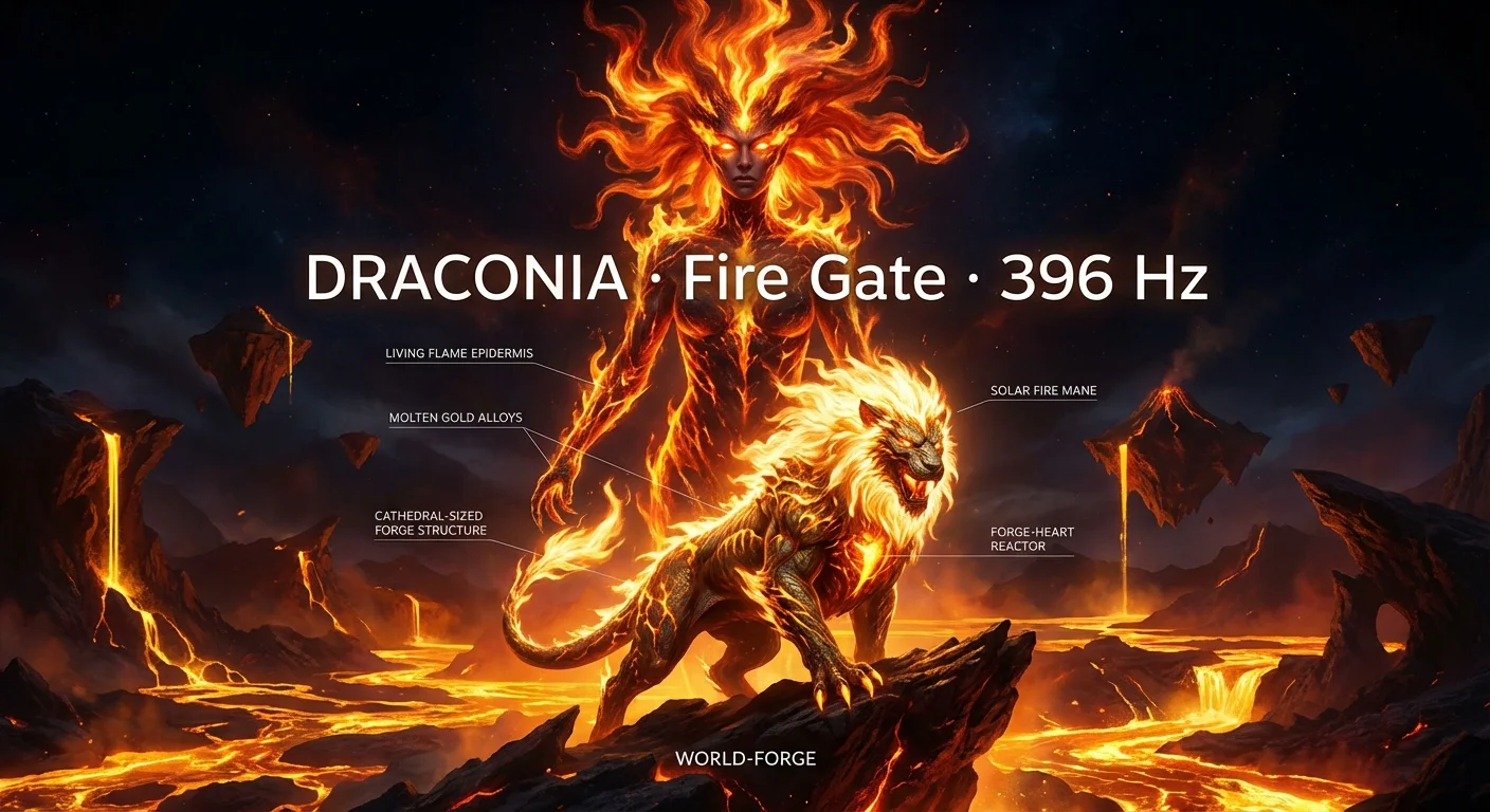 Draconia in divine bond with Draconis, golden warrior alongside a solar-fire lion-dragon