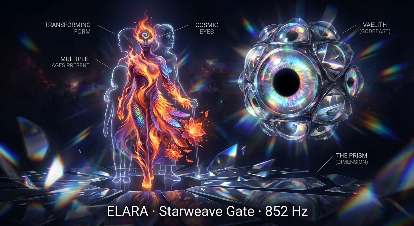 Elara in divine bond with Vaelith, fractal guardian beside a fox with eight prismatic tails
