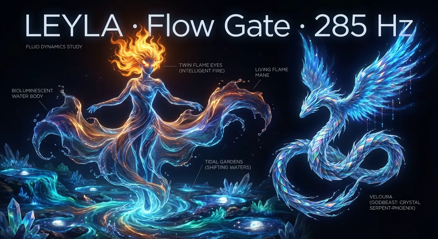 Leyla in divine bond with Veloura, water-fire deity beside an elegant phoenix-serpent