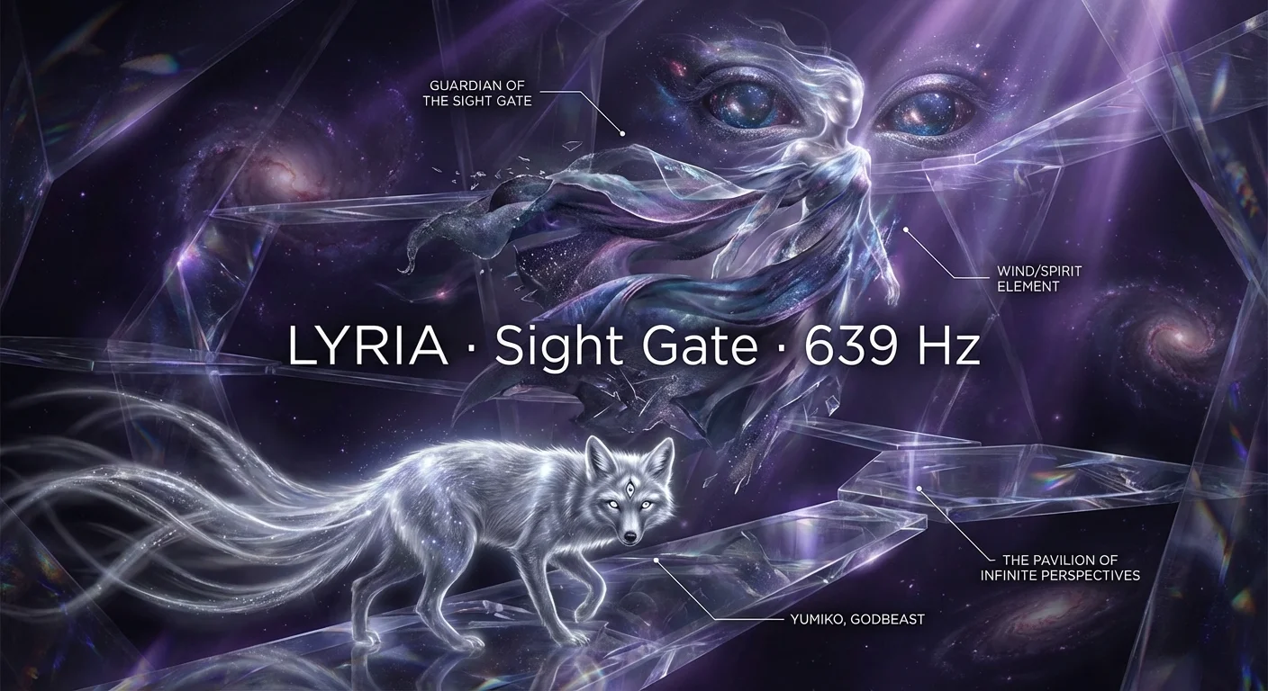 Lyria in divine bond with Yumiko, constellation-marked seer beside a nine-tailed owl-serpent