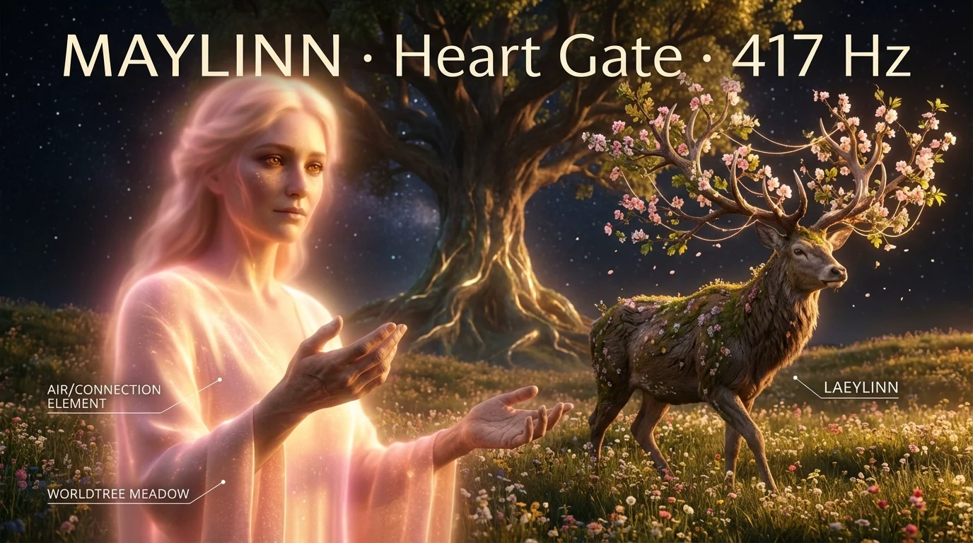 Maylinn in divine bond with Laeylinn, forest guardian beside the verdant Worldtree Deer